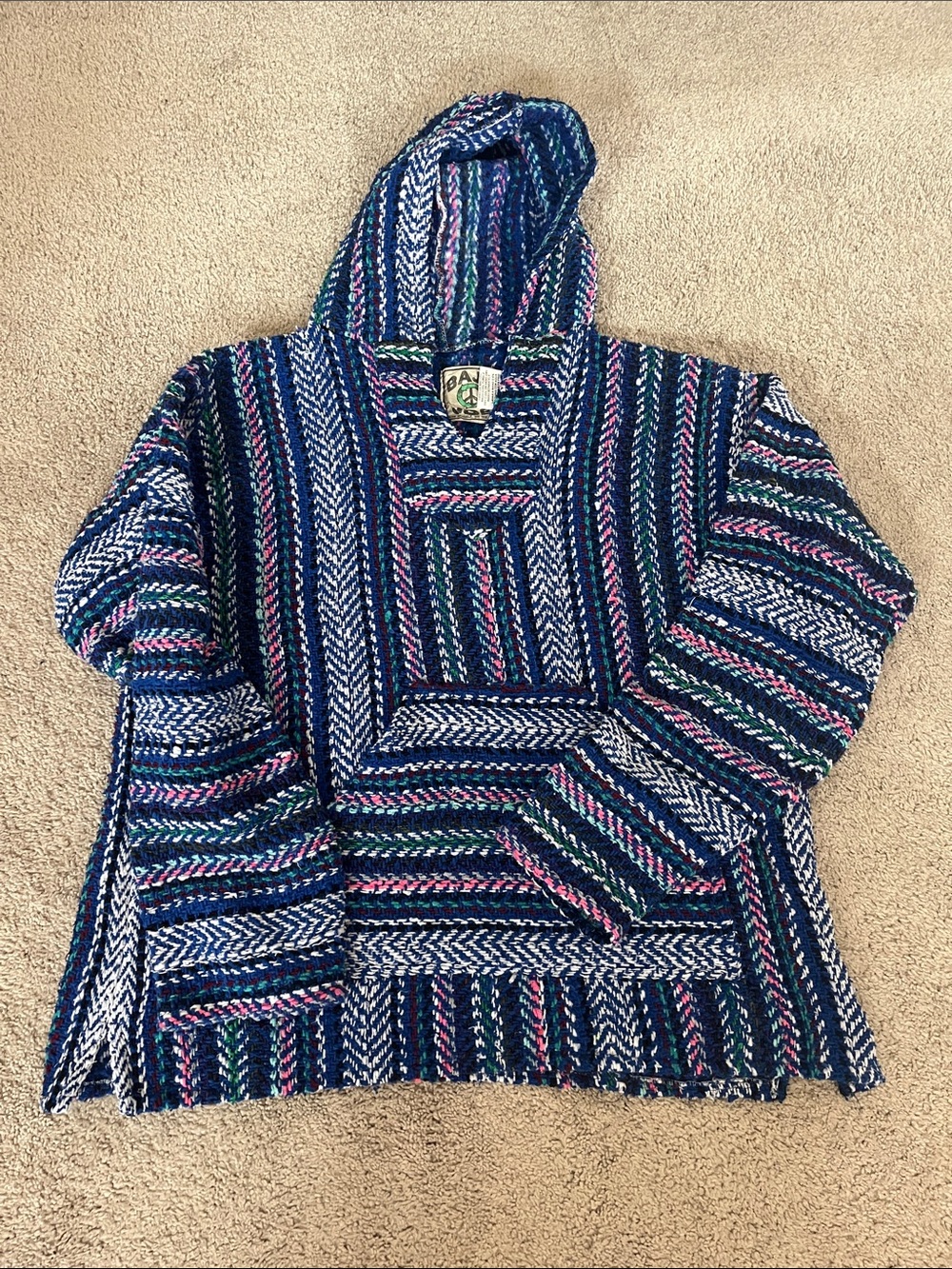 Striped Baja Hoodie Sweater in Navy with Pink & Green Accents